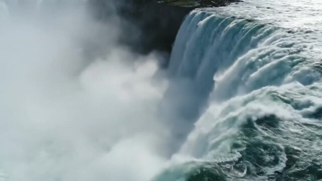 Powerful waterfall cascading over a dark cliff into turbulent waters mist rising