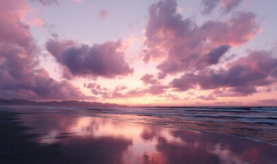  beach with a sky that looks like an expansive galaxy with thick clouds and pink and orange colors