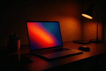 Modern Laptop on Dark Desk with Warm Desk Lamp and Potted Plant in Cozy Home Office
