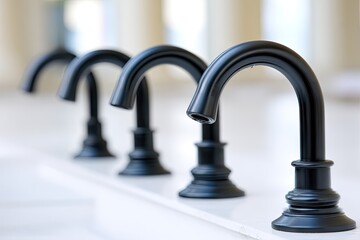 Four black touchless faucets arranged in a row
