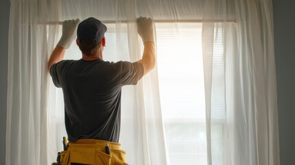 Home improvement action installing curtains in a residential space lifestyle environment interior viewpoint for enhanced aesthetics