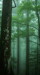 Misty forest scene with tall trees, green foliage, and a dense fog creating a serene and atmospheric woodland environment.