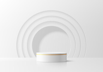 3D white cylindrical podium background with layers semi circle gate backdrop. Minimalist mockup pedestal. Abstract stand product display presentation, Stage showcase. Platforms vector geometric design