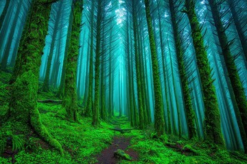 Misty, vibrant forest path