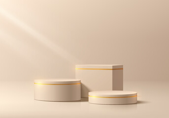 3D beige cylindrical podium background with cube pedestal, Clean empty wall scene. Minimalist 3D mockup pedestal or abstract product display presentation, Stage for showcase. Platforms vector design.