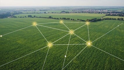 Digital network over green fields for smart farming and precision agriculture.