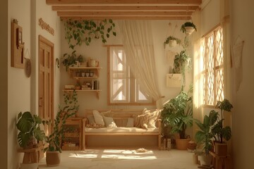 Sunny, cozy entryway with wooden decor and greenery