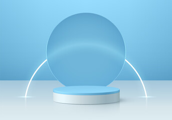 Realistic 3D blue cylindrical podium background with curve neon lighting, Round backdrop . Minimalist mockup pedestal, Abstract product display presentation, Stage showcase. Platforms vector design.