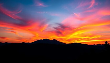 Obraz premium Serene sunset silhouettes of mountains and trees against a vibrant sky, mountain range, graphic