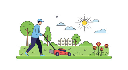 Naklejka premium Man mowing green lawn in sunny garden surrounded by trees and flowers