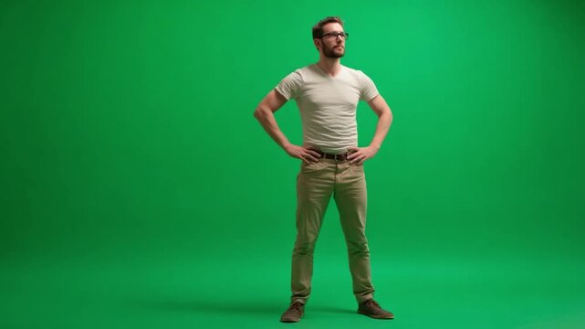 Confident Individual on Green Screen: A man stands confidently, hands on hips, in front of a vivid green screen, ready to be incorporated into any scene imaginable.
