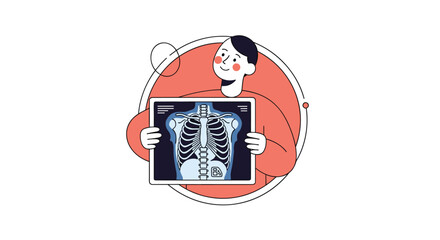 Medical illustration of a person holding a chest x-ray showing lungs and rib cage