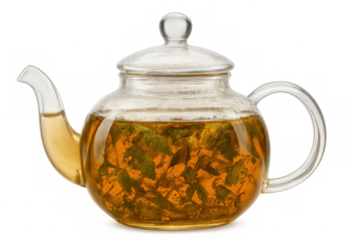 Glass teapot brewing aromatic herbal tea infused with fresh mint leaves, creating a cozy atmosphere against a transparent background