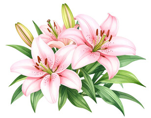 Watercolor Pink Lily Cluster with Green Leaves &ndash; Transparent Background PNG