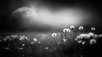 Misty meadow field with dandelions and a full moon.