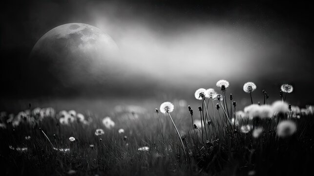 Misty meadow field with dandelions and a full moon.