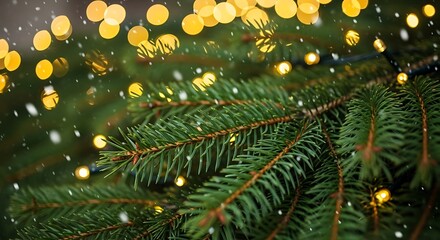Close up of green pine branches with glowing yellow christmas lights and falling snow