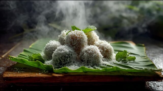 Steaming coconut dessert balls on banana leaf, wooden board. Dark background, moody lighting, close up shot.
