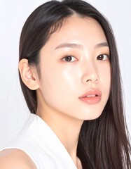 Fototapeta premium 日本人, 超リアル, 美しい若い女性, 長い黒髪, 自然なメイク, 白いキャミソール, 肌が輝くクローズアップ, 柔らかなライティング, 美容広告風, スタジオ背景（白）, 高解像度 Japanese, ultra-realistic, beautiful young woman, long black hair, natural makeup