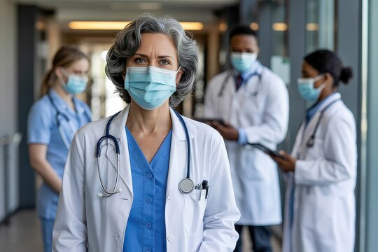 Confident female doctor wearing a mask stands with her colleagues in a hospital hallway