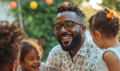 Man playing with children at a birthday party in a garden during the summer, celebrating family milestones and enjoying outdoor fun, Generative AI