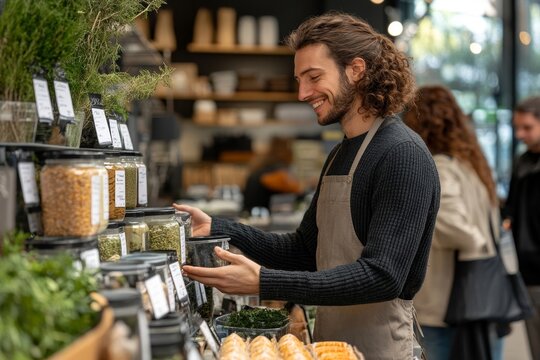 Handsome shop assistant serving a customer in a package-free store, using reusable containers and promoting zero-waste shopping practices in a sustainable retail environment, Generative AI