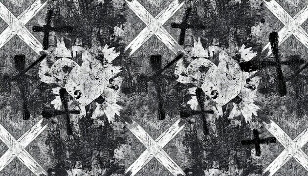 Urban grunge seamless pattern Dry brush strokes, cross shapes, graffiti, monochrome texture,  monochrome,  vector