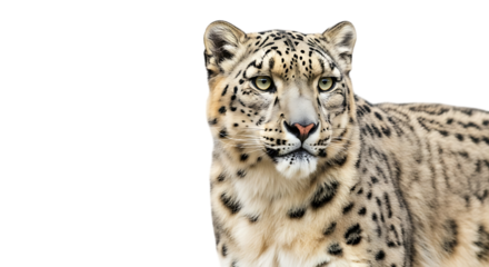 Close up portrait of a snow leopard looking directly at the camera isolated on transparent background