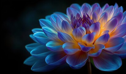 Exotic blue and purple dahlia flower close-up illuminated by golden light on dark background showcasing shimmering petals and intricate natural patterns