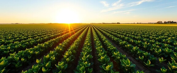 Sunrise over expansive soy plantation, rows stretching to distant field under brilliant blue sky, beautiful, farming