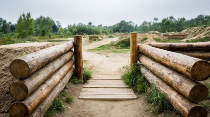Natural light illuminates the wooden entrance to a military obstacle course outdoors, showcasing sand paths and grassy training zones.
