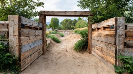 A wooden gateway opens to a rugged military training area featuring sand and grass obstacles, captured with wide-angle lens in daylight.