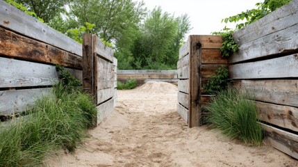 Outdoor military obstacle course with sand and grass, seen through a wooden entrance gate under soft natural light, high resolution wide shot. 
