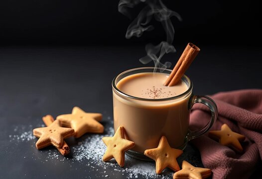 Steaming cocoa in a large mug, cinnamon sticks, star cookies, dark background,  christmas beverage,  festive