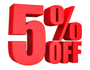 3D 5% OFF” in Bold Red with Soft Shadow Transparent Background PNG