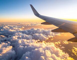 Obraz premium Sea of Clouds Viewed from Airplane Window: Aerial Sky Landscape with Soft Cloud Layers, High Altitude Flight Scene, Calm Horizon, Atmospheric View, Travel and Nature Background