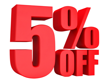3D 5% OFF” in Bold Red with Soft Shadow Transparent Background PNG
