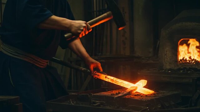 Blacksmith forging a glowing sword in a workshop