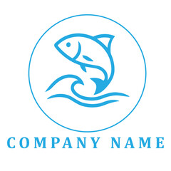Obraz premium Simple blue and white line-art logo of a fish gliding through a wave, perfect for seafood or eco-friendly branding.