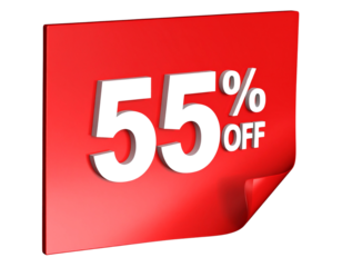  3D Rendered 55% OFF Red Sticker with Folded Corner Effect Transparent Background PNG