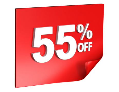  3D Rendered 55% OFF Red Sticker with Folded Corner Effect Transparent Background PNG