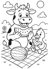 Coloring book cow and duck eating watermelon together.