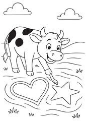 Coloring book cow drawing heart and star shapes in the sand.
