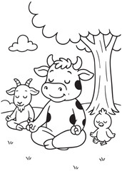 Coloring book cow and friends meditating under a tree.