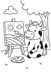 Coloring book cow painting a sunny landscape on a canvas.