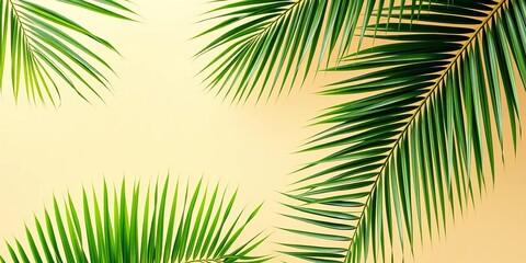 Fototapeta premium Vibrant green palm fronds border a calm beige backdrop, backdrop, calm