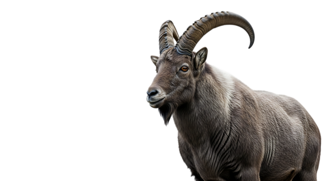 Majestic ibex ram with large curved horns isolated on transparent background