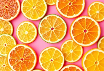 Obraz premium Vibrant citrus slices, seamless pattern on pink background , textile, tropical