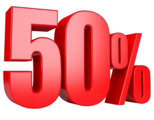 Bold 3D 50% Lettering in Hero Red with White Outline Front View, Transparent Background PNG