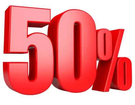 Bold 3D 50% Lettering in Hero Red with White Outline Front View, Transparent Background PNG